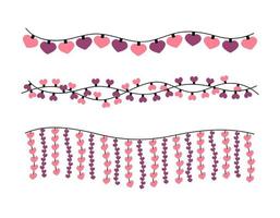 set di ghirlande di san valentino. cuori appesi luci isolate. decorazione per feste di San Valentino. collezione di ghirlande piatte vettoriali nei colori rosa