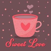 cartolina di san valentino con tazza di caffè e cuore. scritte d'amore dolci. vettore