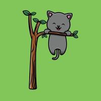 simpatico gatto appeso sull'albero cartone animato icona vettore illustrazione. concetto di icona della natura animale isolato vettore premium. stile cartone animato piatto