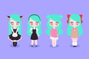 set di simpatiche ragazze alla moda anime chibi vettore