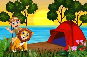 ragazzo guardiano dello zoo e un leone in campeggio al paesaggio al tramonto vettore