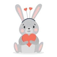 il coniglio sveglio del fumetto abbraccia il cuore rosso. San Valentino. illustrazione vettoriale per il design del bambino e la doccia.