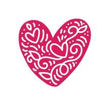 vettore di cuore popolare scandinavo rosso con fiori bianchi monoline e fiorire per il matrimonio, il compleanno o il biglietto di auguri di San Valentino