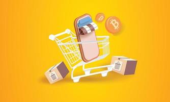 shopping e criptovalute sul telefono banner illustrazione vettoriale 3d banking btc oro cion commercio in contanti mercato monetario vendere affari.