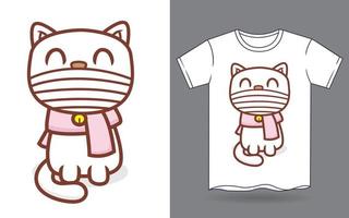 simpatico gatto che indossa maschera e sciarpa cartone animato per la stampa di t-shirt vettore