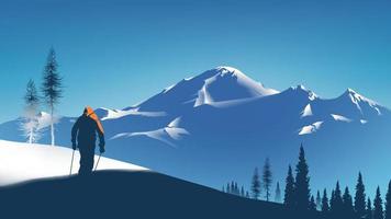 scenario illustrazione vettoriale di uno sciatore sta camminando sul pendio di neve con una bella montagna sullo sfondo