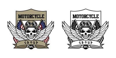 logo del gruppo motociclistico con illustrazione del design della testa del cranio umano vettore