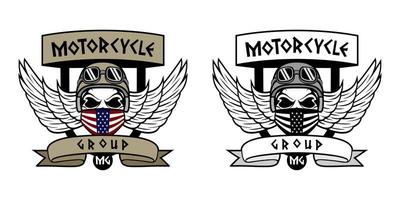 logo del gruppo motociclistico con illustrazione del design della testa del cranio umano vettore