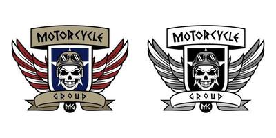 logo del gruppo motociclistico con illustrazione del design della testa del cranio umano vettore