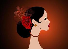 bellissimo ritratto spagnolo donna latina, acconciature per ragazza di flamenco che indossa accessori folk peineta, fiore di rosa rossa e orecchini, vettore isolato su sfondo nero