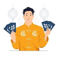 l'uomo asiatico in abiti tradizionali cinesi nel capodanno cinese con in mano buste rosse o ang pao con testo significa grande fortuna, illustrazione di concetto di grande profitto vettore