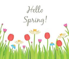 Ciao Primavera. l'inizio di un poro caldo. illustrazione vettoriale di un prato fiorito. congratulazioni per l'8 marzo.