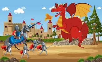 guerrieri medievali che combattono con l'antico drago vettore