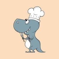 vettore disegnato a mano crea design, cartone animato dinosauro chef che tiene mestolo.