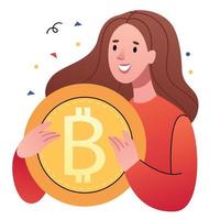 ragazza che tiene bitcoin.investment nel futuro.business girl.finance concept. vettore