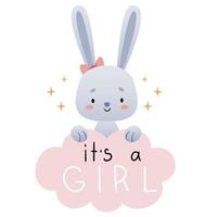 questa è una ragazza. simpatico coniglietto con in mano un'iscrizione. colori pastello, poster per un neonato. vettore