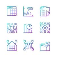 data mining nel set di icone vettoriali lineari con gradiente industriale. scoperta della conoscenza nei dati. analizzare e memorizzare le informazioni. fascio di simboli di contorno a linea sottile. raccolta di illustrazioni di contorno isolato