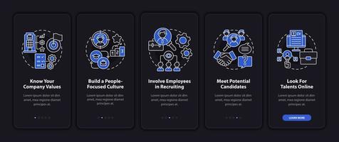 attirare i migliori clienti durante l'onboarding della schermata della pagina dell'app mobile. i dipendenti cercano una guida dettagliata in 5 passaggi istruzioni grafiche con concetti. modello vettoriale ui, ux, gui con illustrazioni in modalità notturna lineare