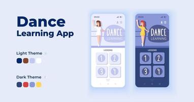 app per l'apprendimento della danza set di modelli vettoriali per l'interfaccia dello smartphone del fumetto. giorno della pagina dello schermo dell'app mobile e design in modalità oscura. interfaccia utente delle lezioni di danza online per l'applicazione. display del telefono con carattere piatto