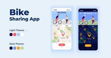 set di modelli vettoriali per l'interfaccia dello smartphone del fumetto dell'app per la condivisione di biciclette. giorno della pagina dello schermo dell'app mobile e design in modalità oscura. Interfaccia utente della piattaforma di condivisione di biciclette per l'applicazione. display del telefono con carattere piatto