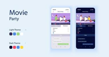 set di modelli vettoriali di interfaccia per smartphone cartoni animati per app per film. giorno della pagina dello schermo dell'app mobile e design in modalità oscura. guardare film insieme interfaccia utente per l'applicazione. display del telefono con carattere piatto