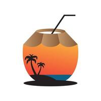 spiaggia della bevanda al cocco con l'illustrazione del simbolo dell'icona del vettore del logo dell'albero
