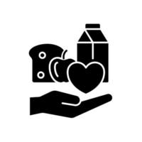 icona del glifo nero per la donazione di cibo. organizzazioni di beneficenza. mancanza di consumo di prodotti. volontariato e sostegno ai poveri. simbolo della siluetta su spazio bianco. illustrazione vettoriale isolato