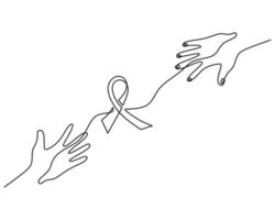 una singola linea continua due mani e un nastro per la giornata mondiale del cancro vettore