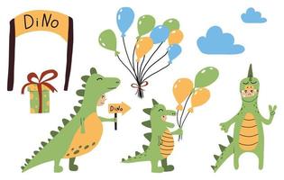 set vettoriale di bambini in costumi da dinosauro. set di illustrazioni dinopark.