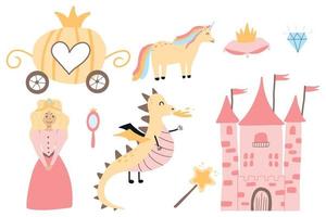 set principessa. regno delle fate, unicorno, drago, castelli, carrozza. illustrazione vettoriale in stile scandinavo cartone animato. perfetto per inviti, biglietti, stampe tessili