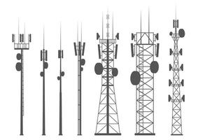 silhouette di torri cellulari di trasmissione. torri di comunicazione mobile e radio con antenne per connessioni wireless. set di illustrazioni vettoriali di contorno