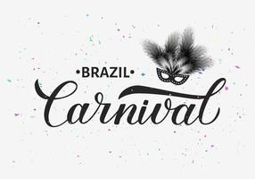 scritte di calligrafia di carnevale brasiliana con maschera, piume e con macchie colorate. poster o invito per feste in maschera. illustrazione vettoriale. modello facile da modificare per il carnevale brasiliano a rio. vettore