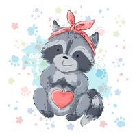 Raccoon carino cartolina con cuore. Vettore di stile del fumetto