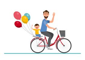 Famiglia felice. Padre e ragazzo in sella a una bicicletta insieme vettore