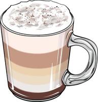 illustrazione di un bicchiere di cappuccino con strati in una tazza di vetro. illustrazione disegnata a mano del cappuccino della bevanda isolata su fondo bianco. cappuccino vettoriale