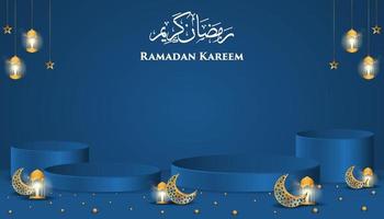 ramadan kareem con un podio per la visualizzazione del prodotto su sfondo blu vettore