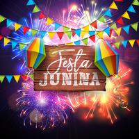 Illustrazione di Festa Junina con bandiere e lanterna di carta su priorità bassa di fuochi d&#39;artificio. Vector Brasile giugno Festival Design