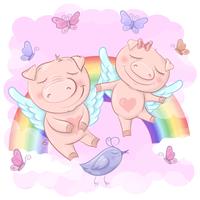 Illustrazione dei maiali svegli del fumetto su una priorità bassa del Rainbow. Stampa per vestiti o per bambini vettore