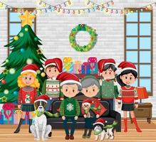 famiglia felice che celebra il natale in una casa vettore