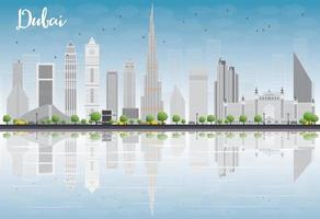 skyline della città di dubai con grattacieli grigi, cielo blu e riflessi. vettore