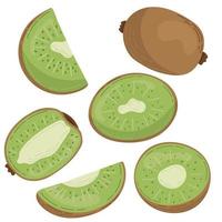 un insieme di kiwi disegnati in uno stile piatto, fette e metà di frutta. un set di adesivi in colori pastello vettore