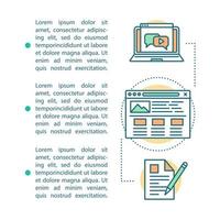 modello vettoriale della pagina dell'articolo per la creazione di contenuti. video, post, blog. brochure, rivista, elemento di design opuscolo con icone lineari e caselle di testo. disegno di stampa. illustrazioni concettuali con spazio di testo