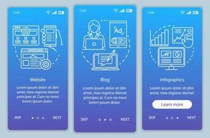 canali per il modello vettoriale dello schermo della pagina dell'app mobile di onboarding blu seo. marketing. infografica, procedura dettagliata del sito Web con illustrazioni lineari. ux, ui, gui concetto di interfaccia per smartphone