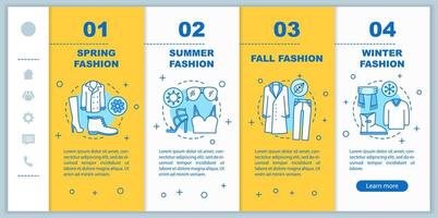 collezioni di moda onboarding modello vettoriale di pagine web mobili. abito autunno, vino, primavera, estate. interfaccia del sito Web per smartphone reattiva. schermate dei passaggi della procedura guidata della pagina Web. concetto di colore