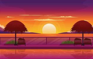 bella illustrazione di vista del paesaggio della piscina della capanna del resort di tramonto vettore