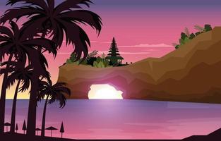 illustrazione di vista del paesaggio della scogliera di bali della spiaggia del lotto di tanah del bel tramonto vettore