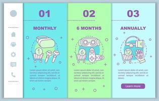 abbonamento al gioco vr onboarding modello vettoriale di pagine Web mobili. tariffa mensile. idea dell'interfaccia del sito Web per smartphone reattivo, illustrazioni lineari. schermate dei passaggi della procedura guidata della pagina Web. concetto di colore