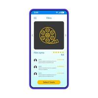 modello vettoriale dell'interfaccia dello smartphone per la prenotazione di biglietti per il cinema. layout di design blu della pagina dell'app mobile. valutazione film online, schermata di selezione dei posti cinematografici. interfaccia utente piatta per l'applicazione. display del telefono di feedback degli utenti