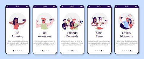 selfie onboarding modello vettoriale dello schermo dell'app mobile. scattare foto luminose sullo smartphone. procedura dettagliata del sito Web con caratteri piatti. ux, ui, gui concetto di interfaccia per cartoni animati per smartphone