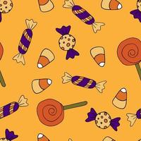 modello senza cuciture di vettore felice di halloween. caramelle, sfondo di dolci. texture colorata per le vacanze per avvolgimento, carta da parati, tessile, scrapbooking. illustrazione vettoriale disegnata a mano in stile doodle